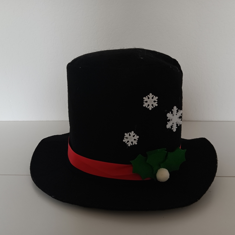 Festive Black Top Hat with Red Band and Snowflake Accents